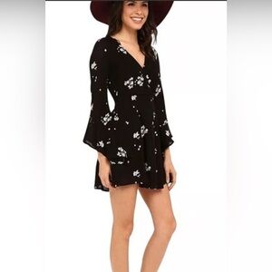 Free People Jasmine Embroidery Floral Black Dress with Bell Sleeves Size 8